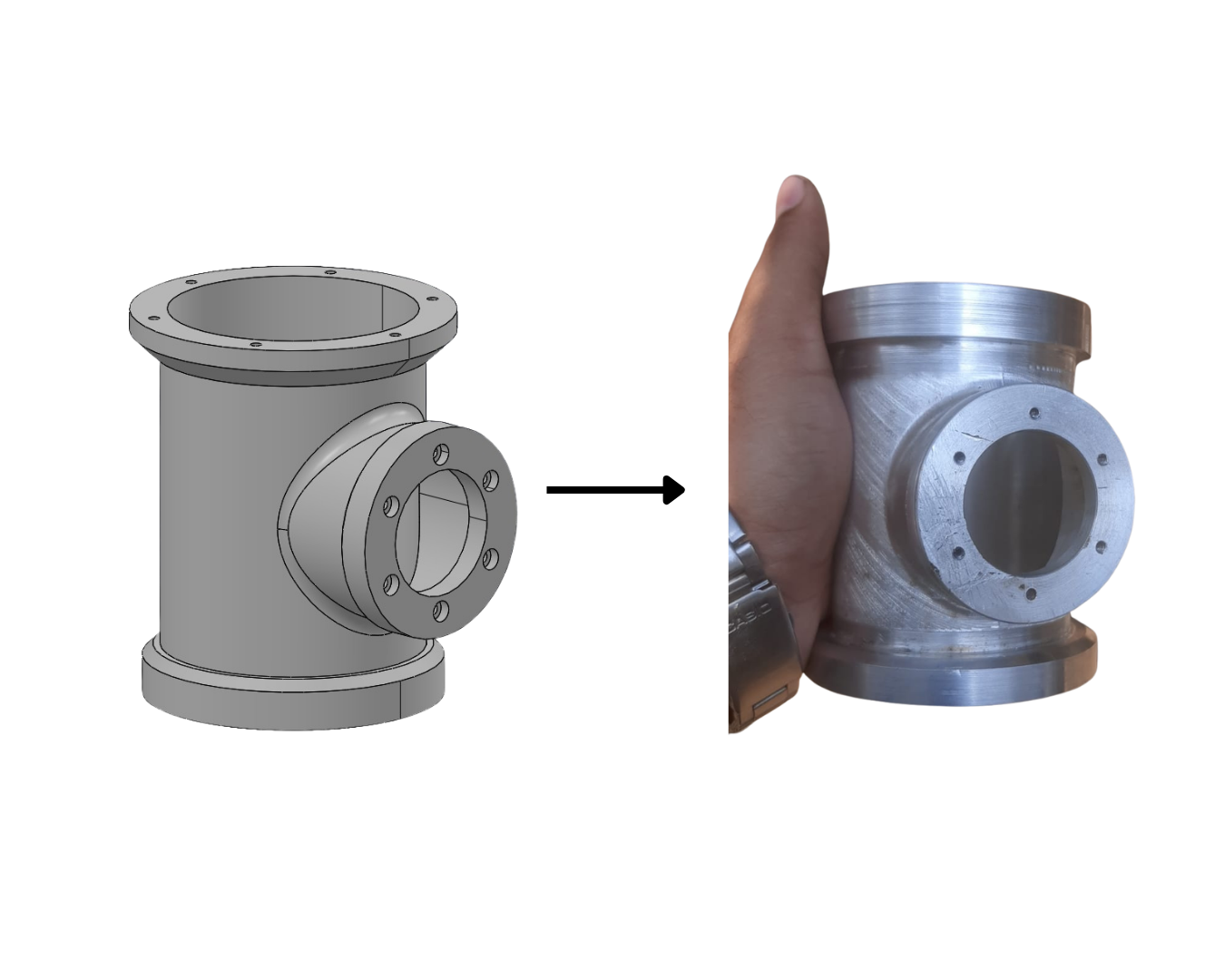 CAD model and manufactured component comparison: fabricated t pipe assembly